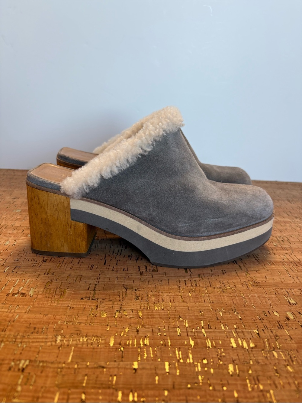 Bernardo Gray Suede Shearling-Trim Clogs with Wood Block Heel